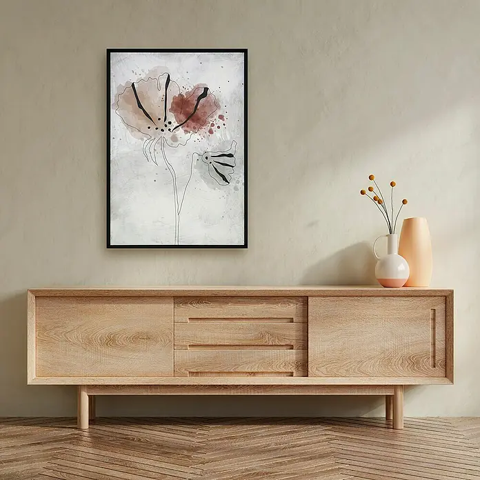 Cuadro 509 - Abstracto 509, An x Al: 42 x 52 cm, 1 pzs. - Aparador elegante de madera clara con pintura floral abstracta encima y jarrones decorativos.