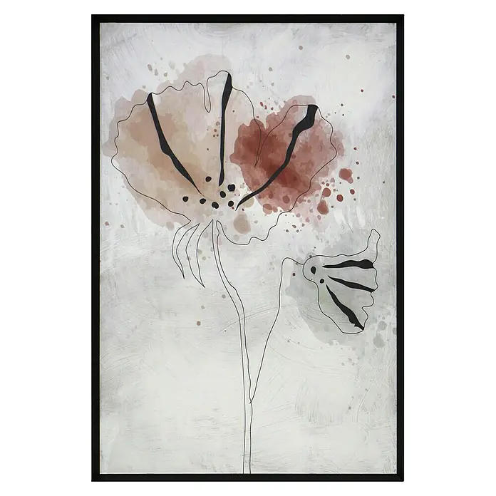 Cuadro 509 - Abstracto 509, An x Al: 42 x 52 cm, 1 pzs. - Obra de arte floral abstracta enmarcada con dos flores delineadas, rellenos de acuarela beige y rojizo y salpicaduras.