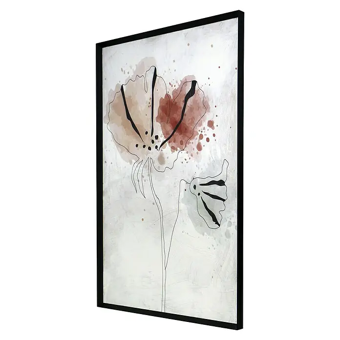 Cuadro 509 - Abstracto 509, An x Al: 42 x 52 cm, 1 pzs. - Pintura floral abstracta con acentos marrones y líneas negras sobre lienzo en un marco negro para un ambiente moderno.