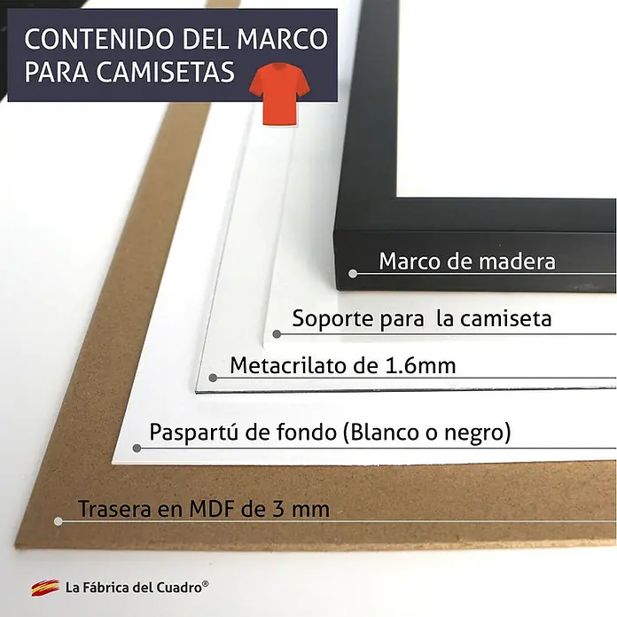Cuadro enmarcado para camiseta - Negro, An x Al: 40 x 56 cm - Descripción del producto: Un conjunto de marco para camisetas con marco de madera, soporte para camisetas, metacrilato, paspartú y trasera de MDF.