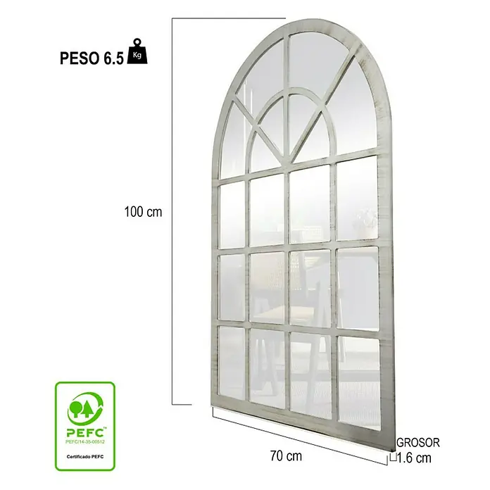 Espejo de pared Catania - 70 x 100 cm, Blanco betún - Se muestra un espejo estilo ventana arqueada con dimensiones de 100 x 70 x 1,6 cm y un peso de 6,5 kg.