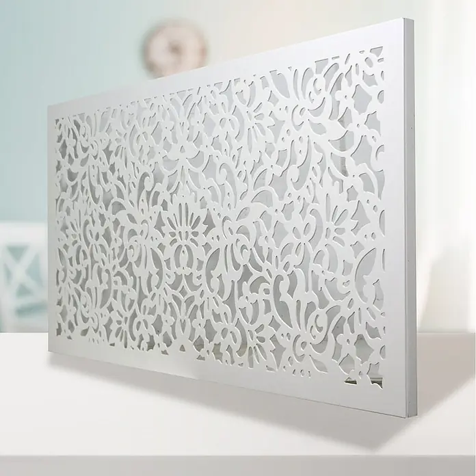 Cabecero de cama Mosaico 154 - An x Al: 145 x 80 cm, Blanco liso - Panel decorativo blanco con intrincado diseño floral, perfecto como separador de ambientes o decoración de pared elegante.