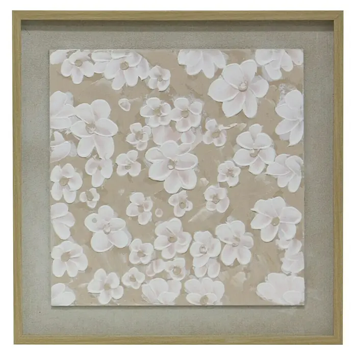 Cuadro set de 2 Flores en Relieve - Flores en relieve, An x Al: 50 x 50 cm, 2 pzs. - Obra de arte enmarcada con flores blancas en relieve sobre un fondo beige, que ofrece una estética tranquila y elegante.