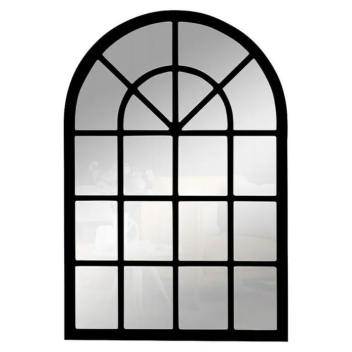 Espejo de pared Catania - 70 x 100 cm, Negro - Ventana de estilo arco con marco negro y 16 cristales. El reflejo en la ventana muestra un interior con decoraciones.