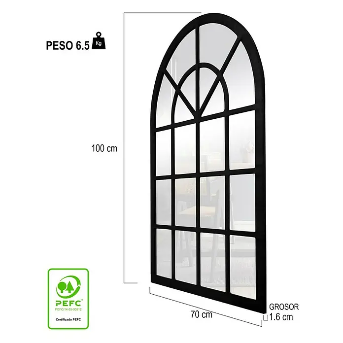 Espejo de pared Catania - 70 x 100 cm, Negro - En la imagen se ve un espejo de pared negro arqueado con montantes, de 100 cm de alto y 70 cm de ancho, con un peso de 6,5 kg.
