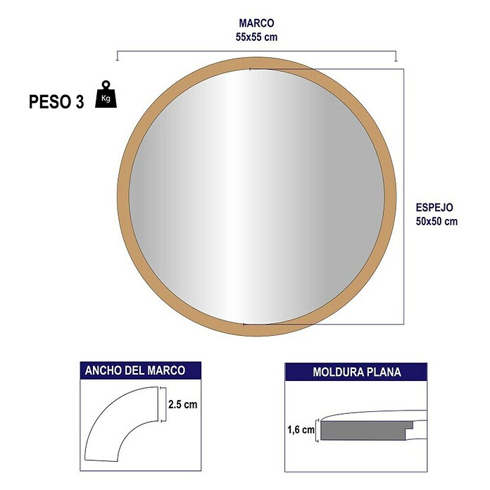 Espejo de pared Circular (Diámetro: 55 cm, Oro betún) | BAUHAUS