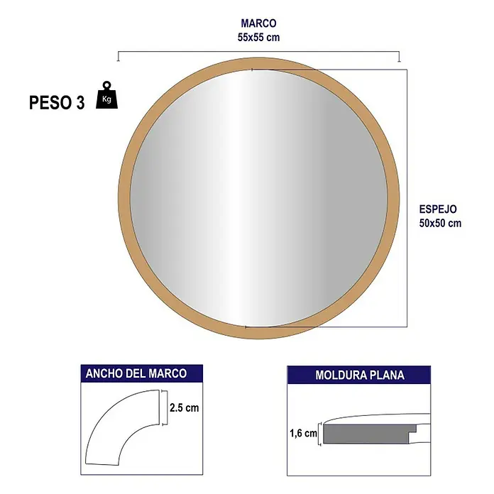 Espejo de pared Circular - Diámetro: 55 cm, Oro betún - Ilustración de un espejo ovalado con marco de madera y detalles de dimensiones para el ancho, perfil y tamaño total del marco.