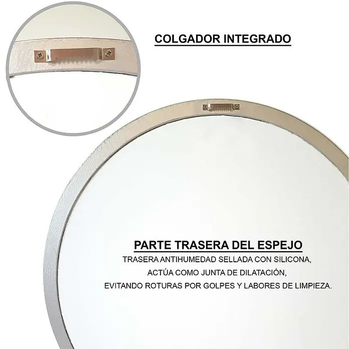 Espejo de pared Circular - Diámetro: 55 cm, Oro betún - Primer plano de un espejo redondo con colgador integrado y parte trasera sellada con silicona antihumedad.