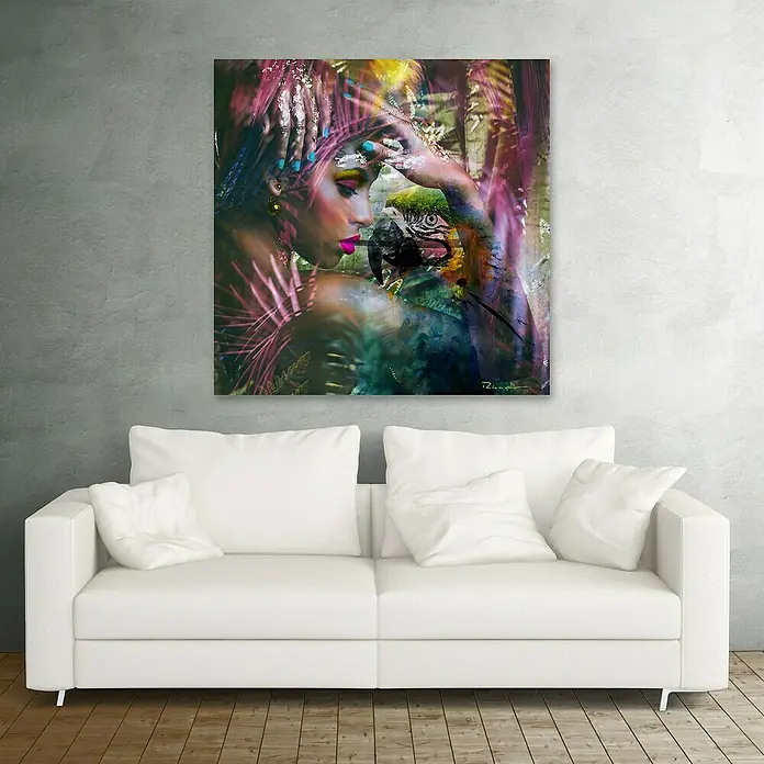 Lienzo Mujer y Loro - Mujer y Loro, An x Al: 80 x 80 cm, 1 pzs. - La obra de arte en lienzo "Tropical Beauty" muestra a una mujer con un loro, ideal para sala de estar, dormitorio u oficina.