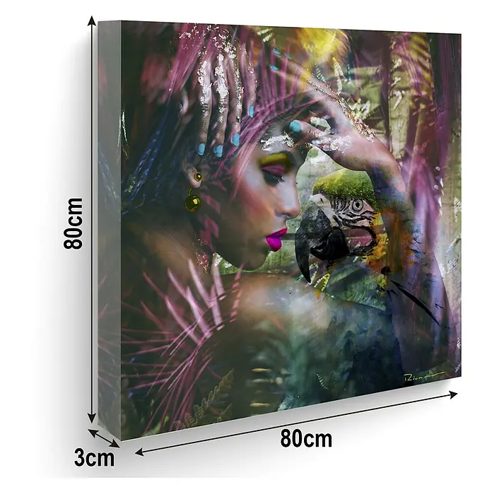 Lienzo Mujer y Loro - Mujer y Loro, An x Al: 80 x 80 cm, 1 pzs. - El arte mural cuadrado muestra a una mujer con un loro, que mide 80x80x3cm.