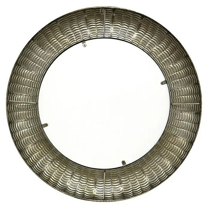 Espejo de pared Egipto - Diámetro: 80 cm, Oro - Primer plano de un espejo redondo con un marco decorativo de color plateado, sobre un fondo negro.