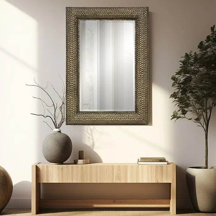 Espejo de pared Filipinas - 60 x 80 cm, Oro - Un espejo rectangular con un marco ornamentado en tonos bronce cuelga sobre una consola de madera clara, flanqueado por una planta y un jarrón.