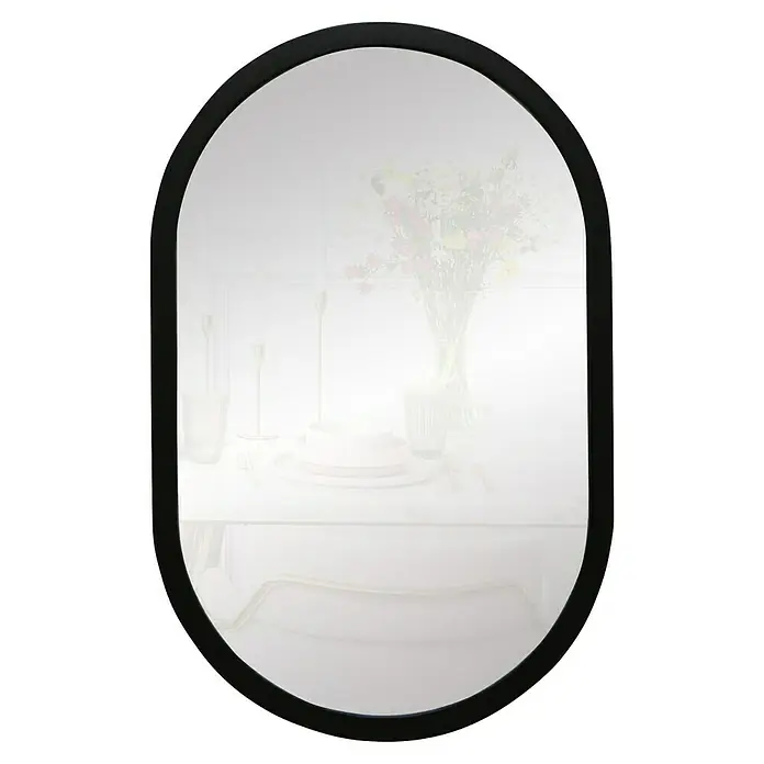 Espejo de pared Ovalado - 45 x 70 cm, Negro liso - Espejo ovalado con marco negro que refleja una mesa con flores y vajilla. Un accesorio elegante para espacios con estilo.
