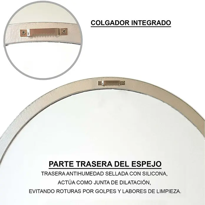 Espejo de pared Ovalado - 45 x 70 cm, Oro betún - Parte trasera de un espejo con colgador integrado, sellado antihumedad con silicona y junta de dilatación.