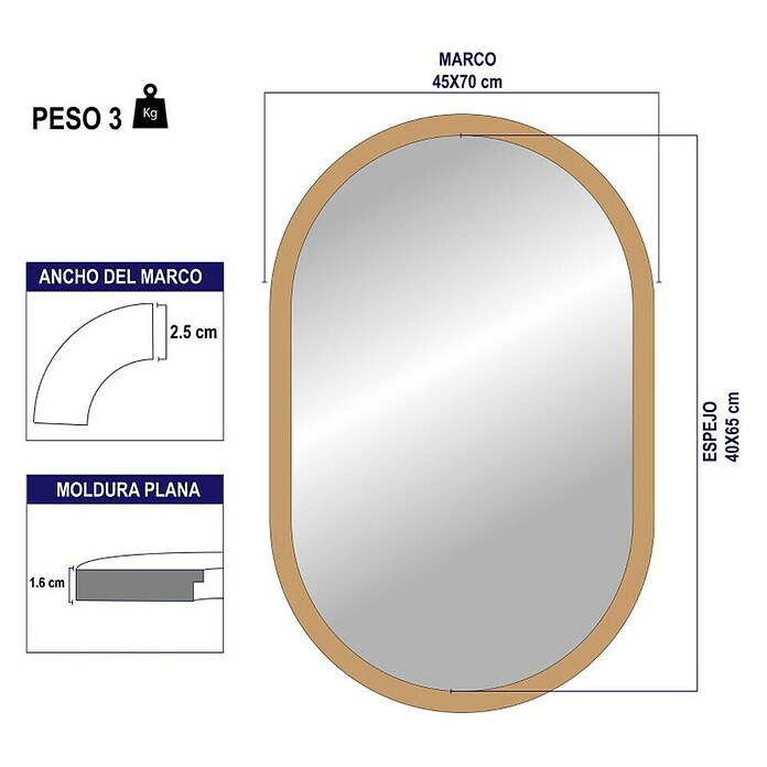 Espejo de pared Ovalado (45 x 70 cm, Oro betún) | BAUHAUS