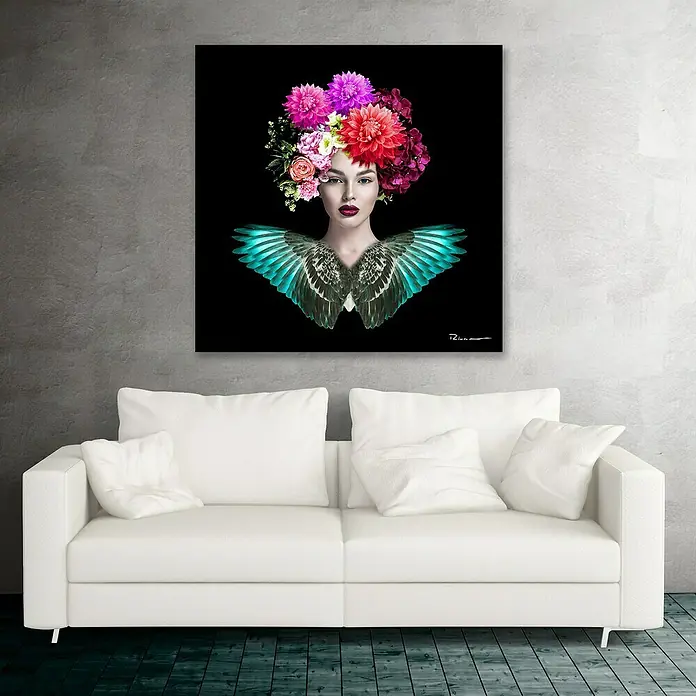 Lienzo Mujer flores - Mujer flores, An x Al: 80 x 80 cm, 1 pzs. - Arte de pared con una mujer con flores y alas, una pieza decorativa para el hogar.