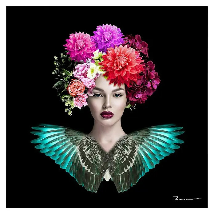 Lienzo Mujer flores - Mujer flores, An x Al: 80 x 80 cm, 1 pzs. - Arte digital: Mujer con corona floral y alas iridiscentes sobre fondo negro, un retrato de fantasía cautivador.
