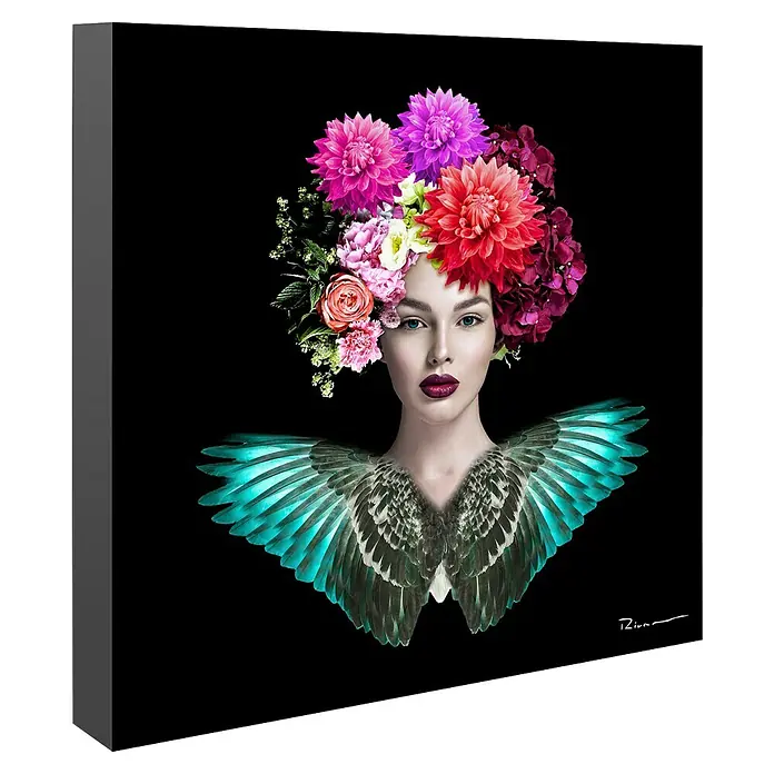 Lienzo Mujer flores - Mujer flores, An x Al: 80 x 80 cm, 1 pzs. - Imagen de una mujer con corona de flores y alas, una obra de arte fascinante que combina la belleza de la naturaleza con la feminidad.