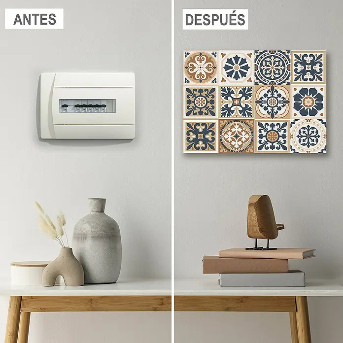 Armario de contadores Mosaico - Mosaico, An x Al: 47 x 37 cm - Antes: Una caja de fusibles antiestética. Después: Embellecida con un panel decorativo de pared con estampados florales vintage.