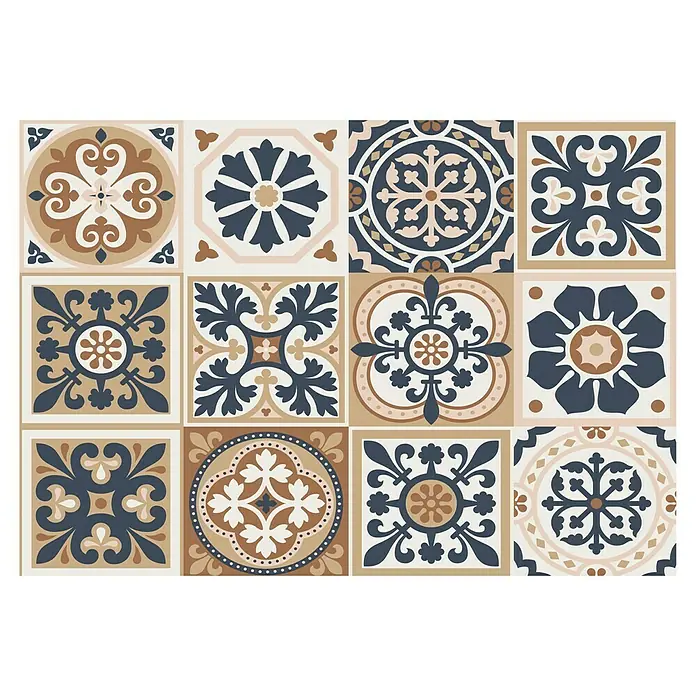 Armario de contadores Mosaico - Mosaico, An x Al: 47 x 37 cm - Azulejos cuadrados con estampados florales en tonos marrones y azules, perfectos para una decoración de pared o suelo con estilo.