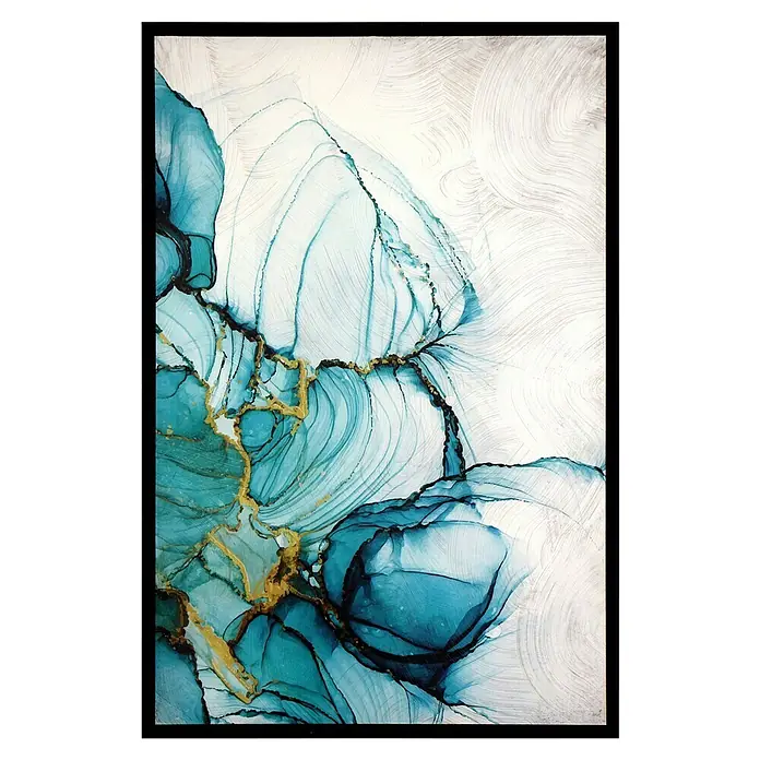 Cuadro 512 - Abstracto 512, An x Al: 42 x 52 cm, 1 pzs. - Arte de pared abstracto con detalles en azul y oro, enmarcado e ideal para interiores modernos que buscan un toque de elegancia.