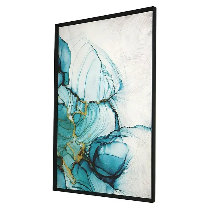 Cuadro 512 - Abstracto 512, An x Al: 42 x 52 cm, 1 pzs. - Obra de arte abstracta enmarcada con detalles en azul y oro, que añade un toque de elegancia a cualquier estancia.