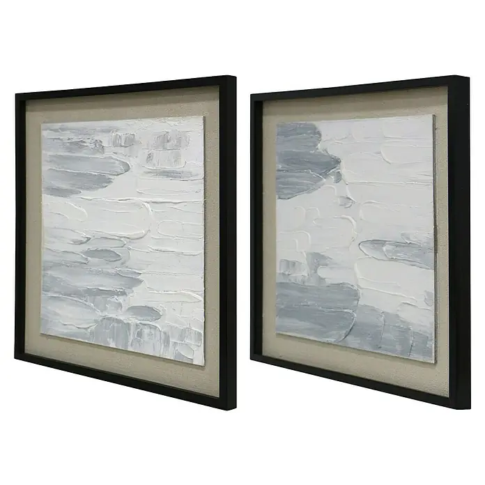 Cuadro set de 2 Abstractos - Abstracto, An x Al: 50 x 50 cm, 2 pzs. - Dos cuadros abstractos enmarcados con texturas blancas y grises, en elegantes marcos negros. Ideales para añadir un toque moderno a cualquier espacio.