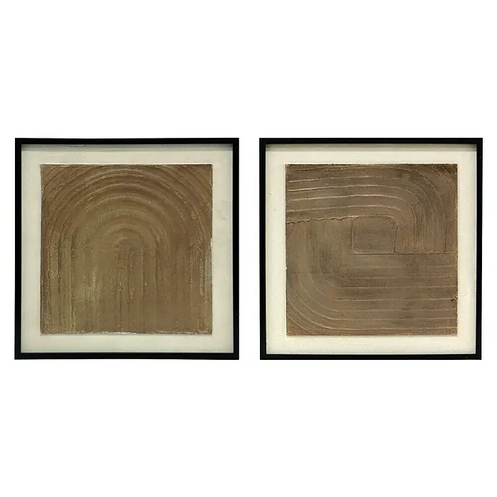 Cuadro set de 2 Abstractos Texturizados - Abstracto texturizado, An x Al: 50 x 50 cm, 2 pzs. - Dos obras de arte abstractas enmarcadas en tonos tierra. Los marcos son negros con paspartús blancos. Las obras tienen diseños arqueados.