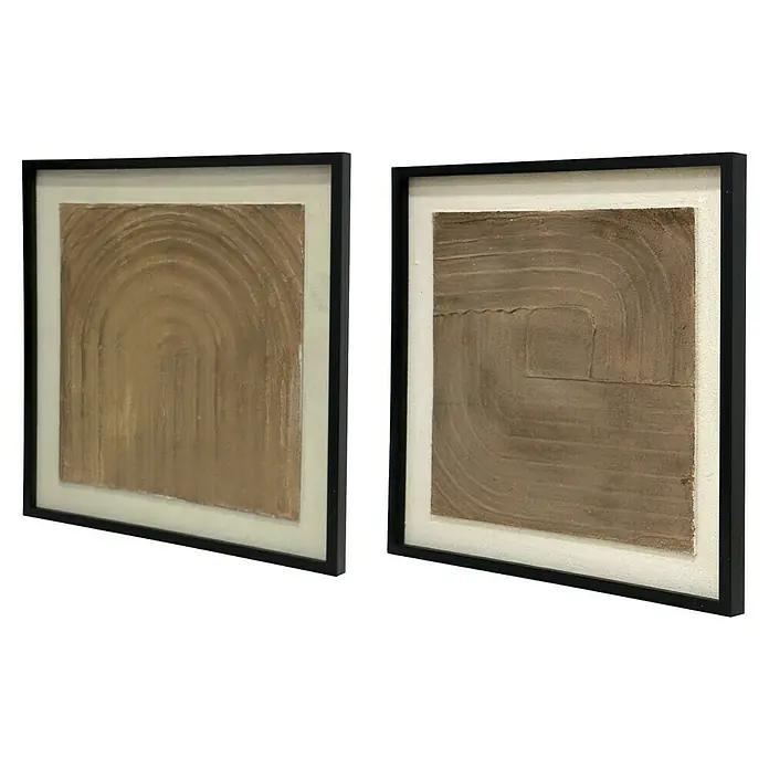 Cuadro set de 2 Abstractos Texturizados - Abstracto texturizado, An x Al: 50 x 50 cm, 2 pzs. - Dos obras de arte abstractas enmarcadas con tonos marrones terrosos y patrones geométricos que destilan una estética moderna.