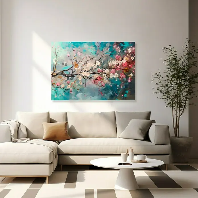 Lienzo Flores 549 - Flores, An x Al: 100 x 70 cm, 1 pzs. - Un salón con un sofá beige, una mesa de centro redonda y una colorida pintura de flores de cerezo en la pared.