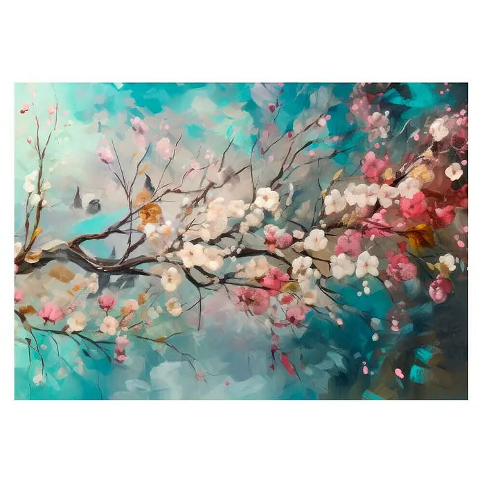 Lienzo Flores 549 - Flores, An x Al: 100 x 70 cm, 1 pzs. - Pintura a la acuarela con flores blancas y rosas en las ramas, con un fondo azul verdoso. La paleta de colores ofrece una sensación serena y primaveral.