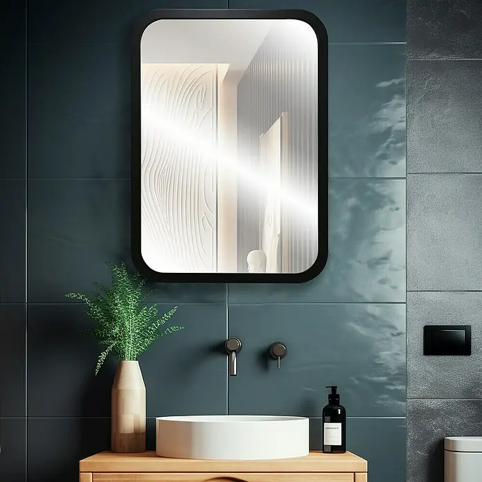 Espejo de pared Vintage - 48 x 68 cm, Negro - Moderno baño con espejo rectangular de esquinas redondeadas sobre un elegante lavabo.