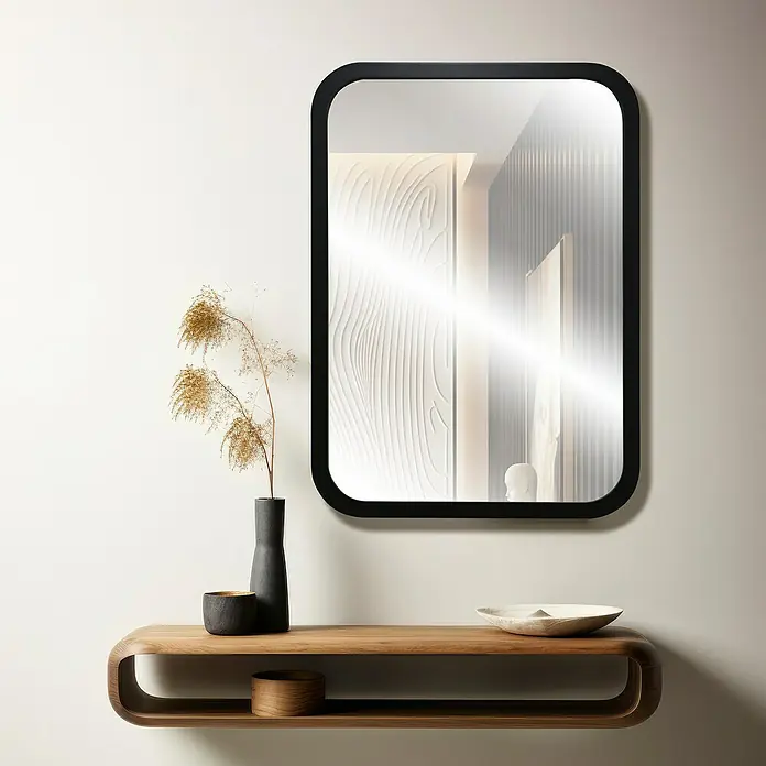 Espejo de pared Vintage - 48 x 68 cm, Negro - Un espejo rectangular con esquinas redondeadas y marco negro cuelga sobre una estantería de pared de madera con objetos decorativos.