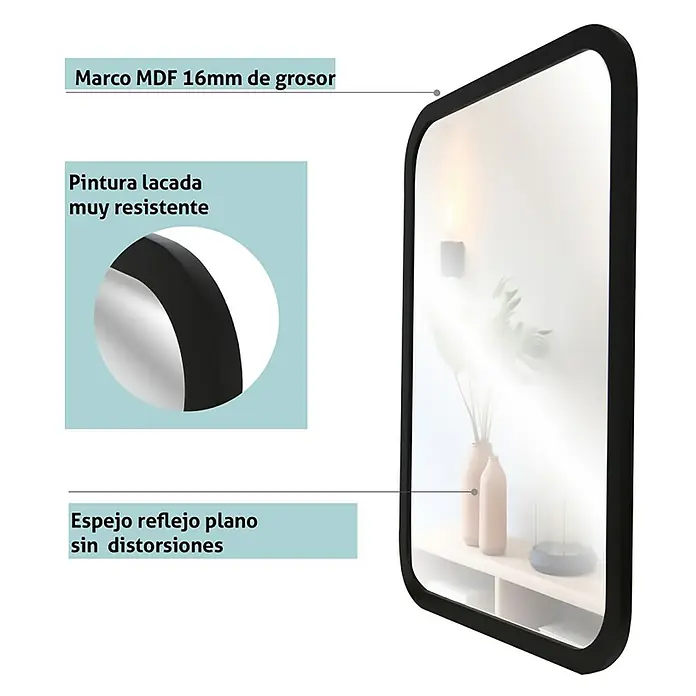 Espejo de pared Vintage - 48 x 68 cm, Negro - Primer plano de un espejo rectangular con esquinas redondeadas y marco MDF de 16mm. Acabado lacado de alta calidad y reflejo sin distorsiones.