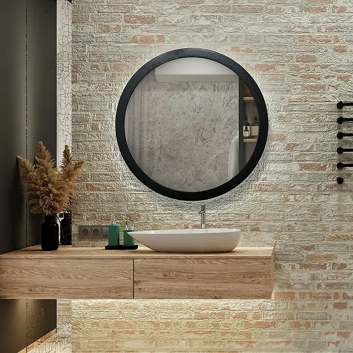 Espejo de pared Circular - Diámetro: 70 cm, Negro - Elegante baño con espejo redondo, tocador moderno e iluminación elegante para un ambiente de lujo.