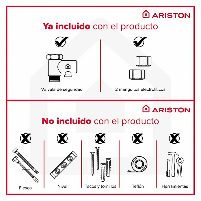Ariston Termo eléctrico Blu Evo RS - 30 l, 1.500 W - Imagen de una lista con los accesorios incluidos en el producto Ariston y las herramientas que no se incluyen con el producto.