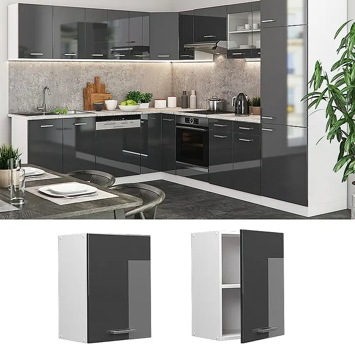 Vicco Schrankküche R-Line Anthrazit Hochglanz - Anthrazit Hochglanz, Hängeschrank 45 cm