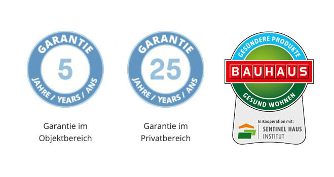 Gütezeichen der b!design SPC Böden