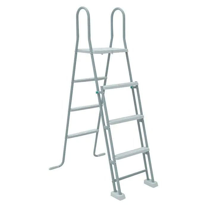 Gre Escalera de piscina Tijera 2x3 - Específico para: Piscina elevada, Acero inoxidable - Imagen de una escalera de piscina gris con pasamanos y peldaños, que facilita la entrada y salida segura de la piscina.\n