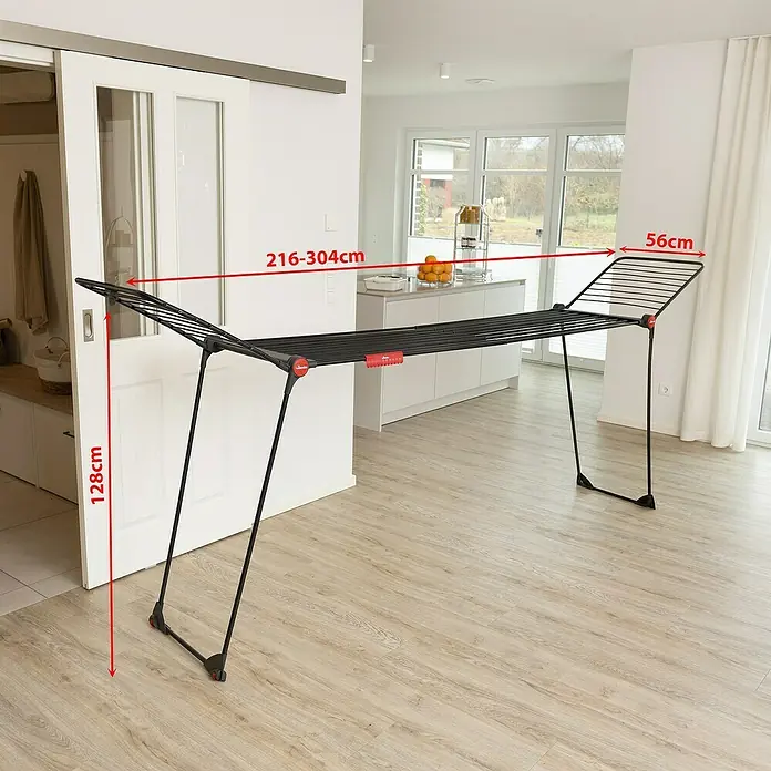 Vileda Tendedero con alas Infinity Flex extensible - Longitud cuerda de tender: 30 m, L x An x Al: 304 x 56 x 128 cm, Negro - Tendedero de ropa con longitud variable de 216–304 cm y 128 cm de altura, ideal para grandes cargas de ropa y almacenamiento que ahorra espacio.