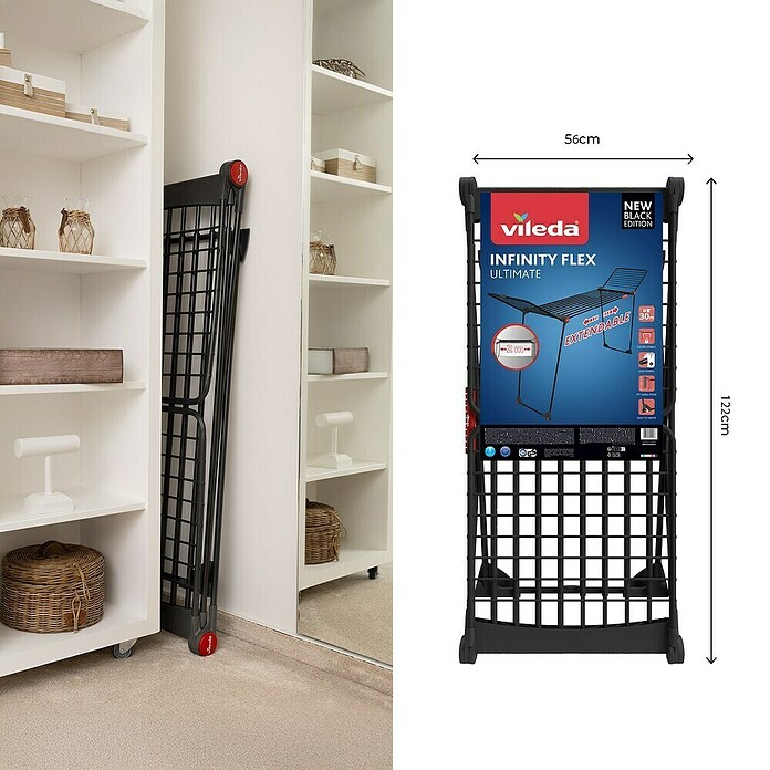 Vileda Tendedero con alas Infinity Flex extensible (Longitud cuerda de tender: 30 m, L x An x Al: 304 x 56 x 128 cm, Negro) | BAUHAUS