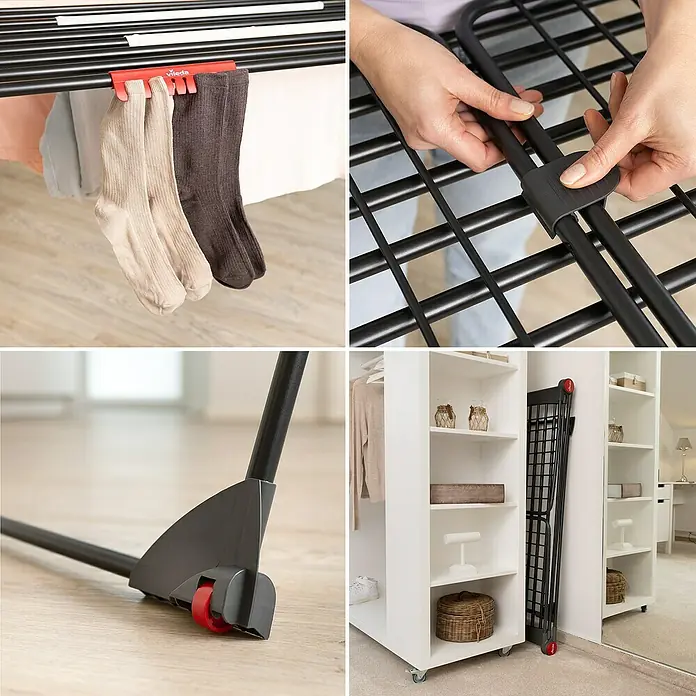 Vileda Flügel-Wäscheständer Infinity Flex Ultimate - Länge Wäscheleine: 30 m, L x B x H: 304 x 56 x 128 cm, Schwarz - Wäscheständer im Detail: Sockenhalter, Befestigungsmechanismus, Rollen und zusammengeklappter Ständer zur platzsparenden Aufbewahrung.