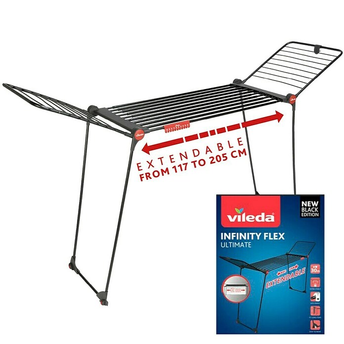 Vileda Tendedero con alas Infinity Flex extensible (Longitud cuerda de tender: 30 m, L x An x Al: 304 x 56 x 128 cm, Negro) | BAUHAUS