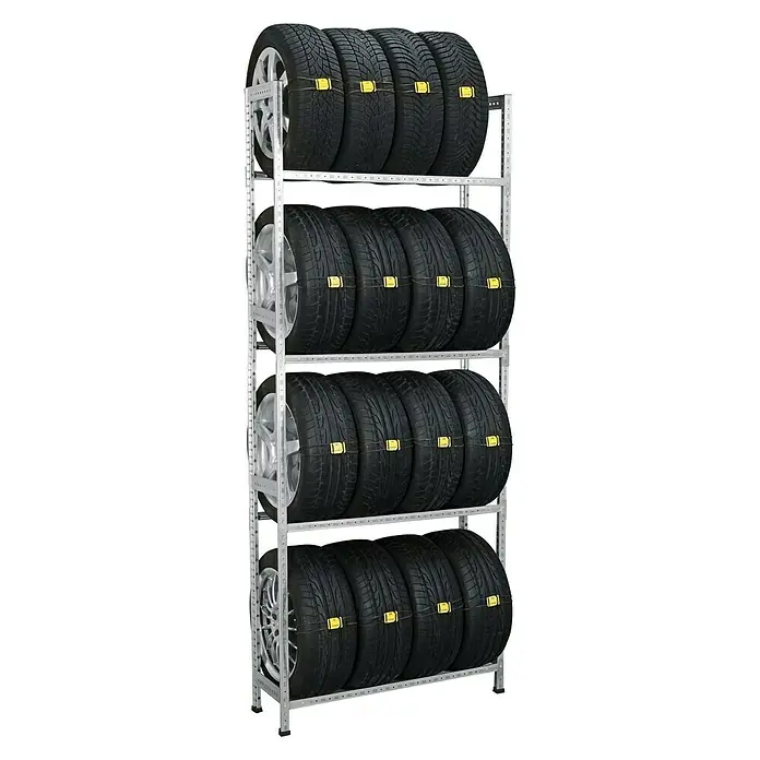 Scholz Reifenregal Grundelement - H x B x T: 300 x 129 x 32 cm, Traglast pro Träger: 200 kg, Anzahl Träger: 4 Stk., Stecken, Silber - Ein Reifenregal aus Metall mit mehreren Reifen, die ordentlich in den Regalen verstaut sind, und mit Schneeketten versehen.