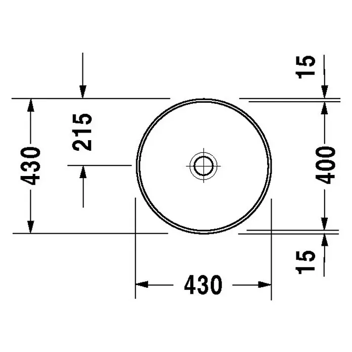 Duravit Architec Waschschale - Durchmesser: 40 cm, Ohne Spezialglasur, Hahnloch: Ohne, Ohne Überlauf, Weiß - Draufsicht des runden Waschbeckens mit Maßangaben zum Einbau. Durchmesser 430mm, Beckeninnendurchmesser 400mm, Höhe 215mm, Randstärke 15mm.