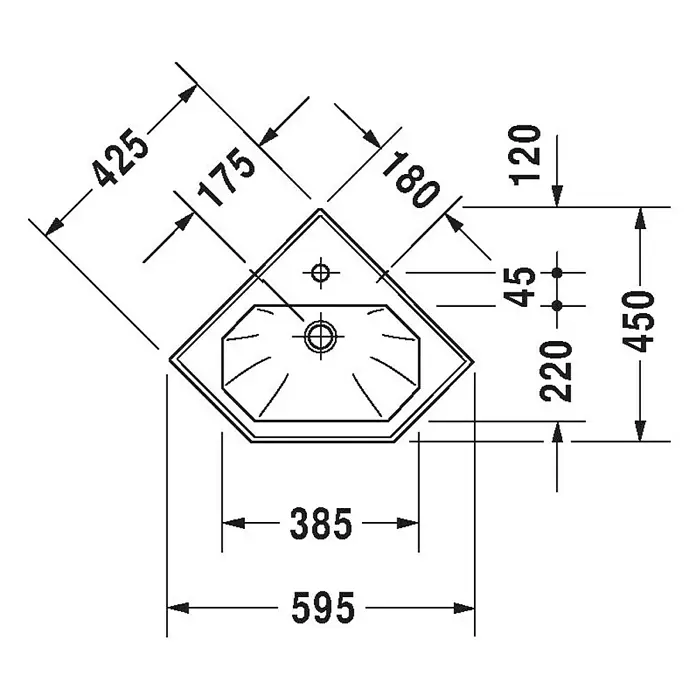 Duravit 1930 Eckwaschbecken - 59,5 x 45 cm, Ohne Spezialglasur, Hahnloch: Mitte, Mit Überlauf, Weiß - Technische Zeichnung eines Eckwaschbeckens mit Maßangaben für Installation und Design.