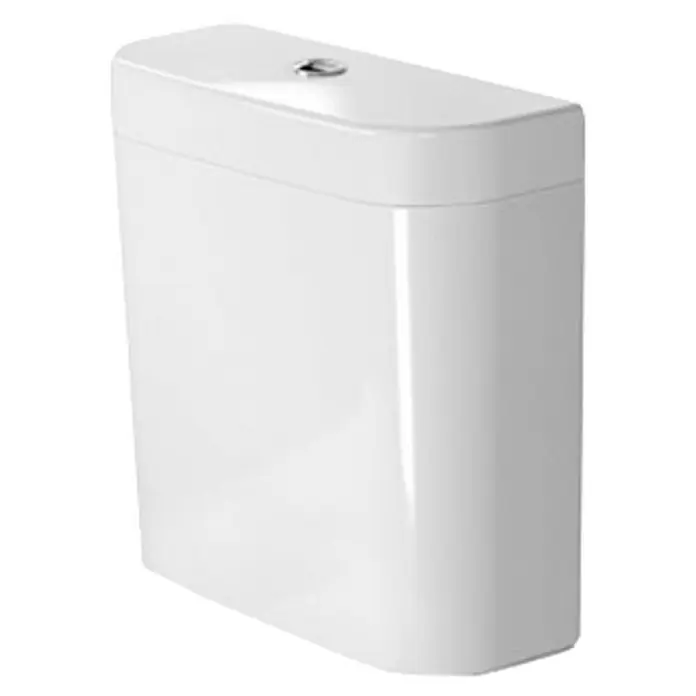 Duravit Happy D.2 Spülkasten - Ohne Spezialglasur, Keramik, Weiß, Zulauf: Unten - Ein weißer Toilettenspülkasten mit einem silbernen Knopf auf der Oberseite. Das Becken ist sauber und modern gestaltet.