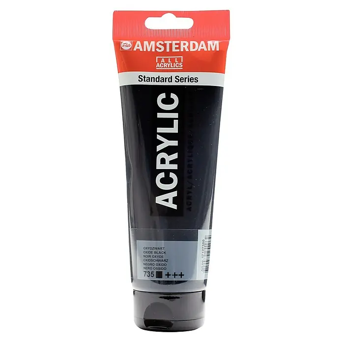 Talens Amsterdam Pintura acrílica Standard - Negro óxido, 250 ml, Tubo, Brillante - La imagen muestra un tubo de pintura acrílica Amsterdam Standard Series en color Negro Óxido, ideal para artistas y aficionados.