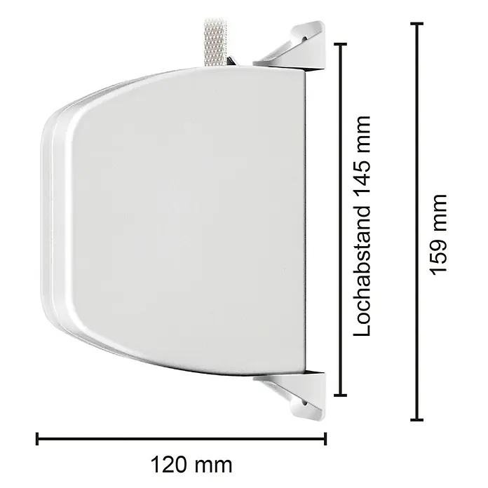 Schellenberg Aufschraubwickler MiniL x B x H: 120 x 22 x 159 mm, Gurtbreite: 14 mm, Weiß - Detailaufnahme eines weißen Rollladens mit Maßangaben zu Lochabstand und Breite, um die Produktabmessungen hervorzuheben.