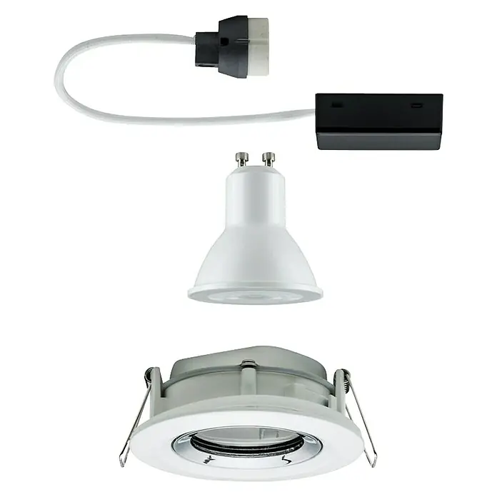Paulmann LED-Einbauleuchte Nova - 7 W, Farbe Gehäuse: Weiß, Lichtfarbe: Warmweiß - Abbildung einer Deckenleuchte zur Einbaumontage, bestehend aus Fassung, Leuchtmittel und Montagerahmen. Die Leuchte ist in Weiß gehalten und für den Innenbereich geeignet.
